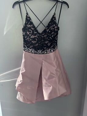 by & by Black Lace Overlay with Blush Pink Satin Dress